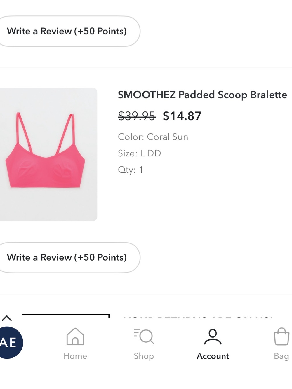 aerie Coral Sun Smooth Padded Scoop Bralette